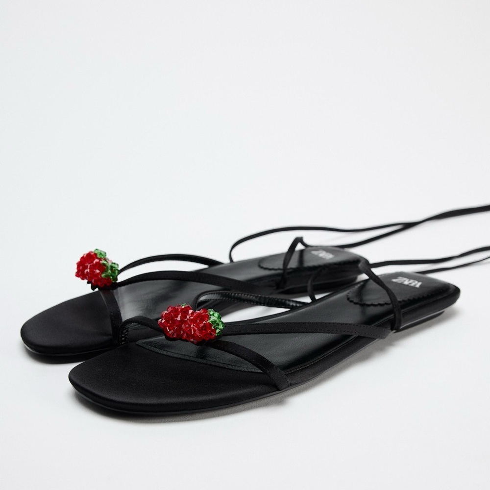 ZARA Black and Red Cherry Embellished Tie Up Sandals (EU 39)